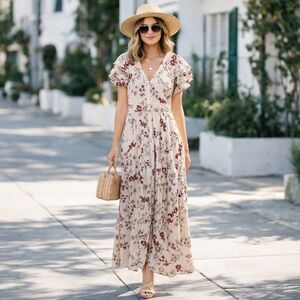 Patrons of Peace Cream Maxi Dress with Red Floral Print Size S